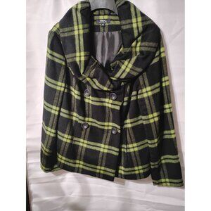 Tribal cape jacket 12 green black plaid rayon Laine wool office, school LB 191